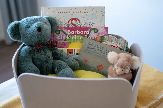 Korb mit Kuscheltieren und Kinderbüchern in der Praxis